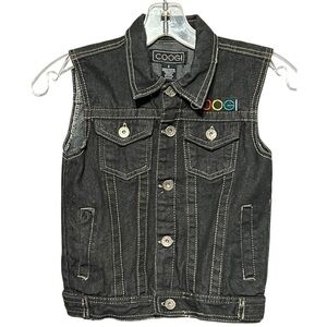 COOGI Girls Denim Vest Size 5 Black Embroidered Y2K Logo Button Front
